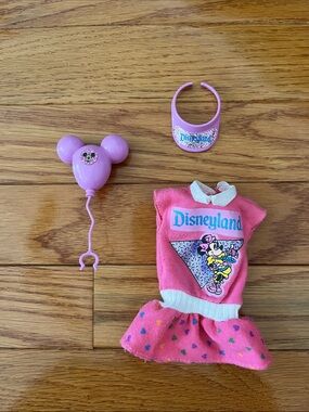 Vintage Barbie Disneyland Pink Minnie Mouse Dress with Matching Visor & Balloon